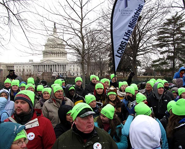 Green-capped Lutheran March for Life participants gather at the end of the march on Jan. 25, 2013, with the U.S. Capitol in the background. An LCMS group also will be taking part in the 2014 march on Jan. 22. (Ed Szeto)